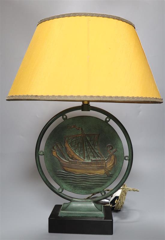 After Le Verrier - a bronze lamp stem cast with a viking longboat, 24cm